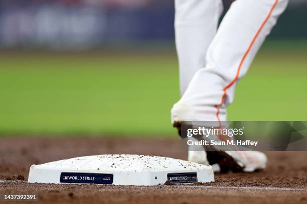 Detail of a base with a world Series logo is shown during the first inning of Game One of the 2022 World Series between the Philadelphia Phillies and...