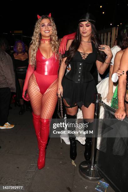 Antigoni Buxton and a guest are seen attending Maya Jama's Halloween party at Oslo Hackney on October 28, 2022 in London, England.