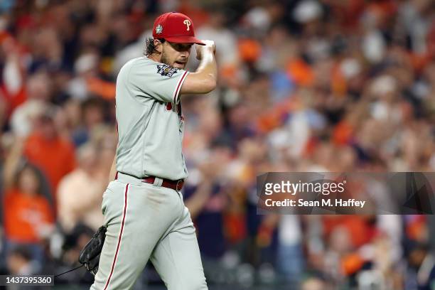 Aaron Nola of the Philadelphia Phillies reacts after giving up a run in the second inning against the Houston Astros in Game One of the 2022 World...