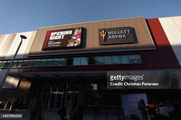General view outside of Mullett Arena before the NHL game between the Arizona Coyotes and the Winnipeg Jets on October 28, 2022 in Tempe, Arizona....
