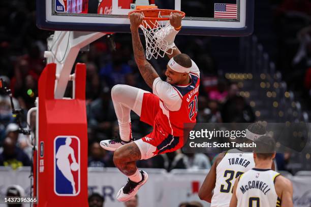 Daniel Gafford of the Washington Wizards dunks they ball against the Indiana Pacers during the first half at Capital One Arena on October 28, 2022 in...