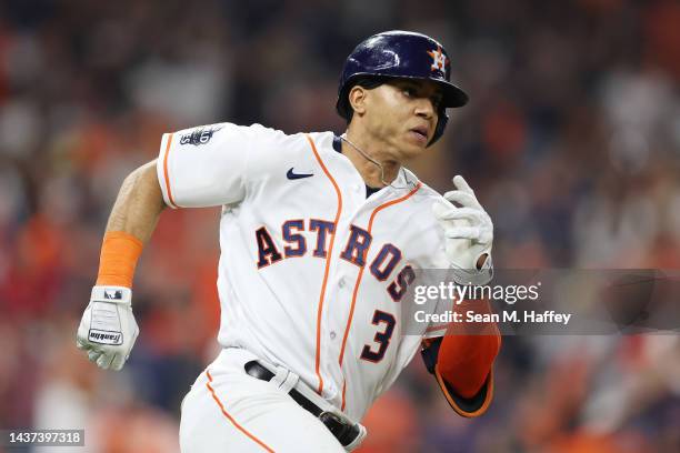 Jeremy Pena of the Houston Astros runs to second base for a double in the third inning against the Philadelphia Phillies in Game One of the 2022...