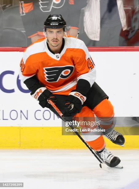 Morgan Frost of the Philadelphia Flyers skates during warm-ups prior to his game against the San Jose Sharks at the Wells Fargo Center on October 23,...