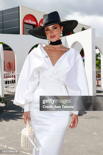 Olivia Rogers attends Victoria Derby Day at Flemington Racecourse on October 29, 2022 in Melbourne, Australia.