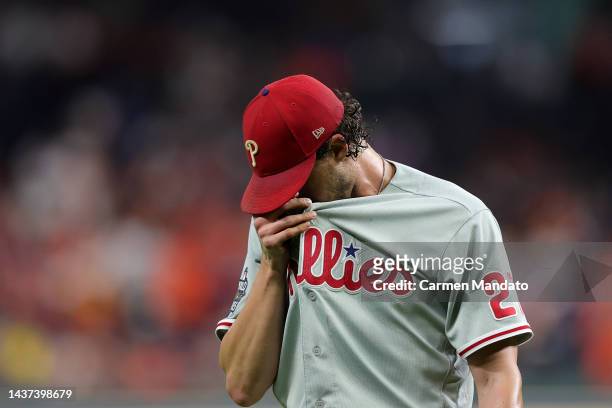 Aaron Nola of the Philadelphia Phillies reacts after giving up a home run to Kyle Tucker of the Houston Astros in the third inning in Game One of the...