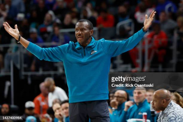 Dwane Casey head coach of the Detroit Pistons reacts in the first half of the game against the Atlanta Hawks at Little Caesars Arena on October 28,...