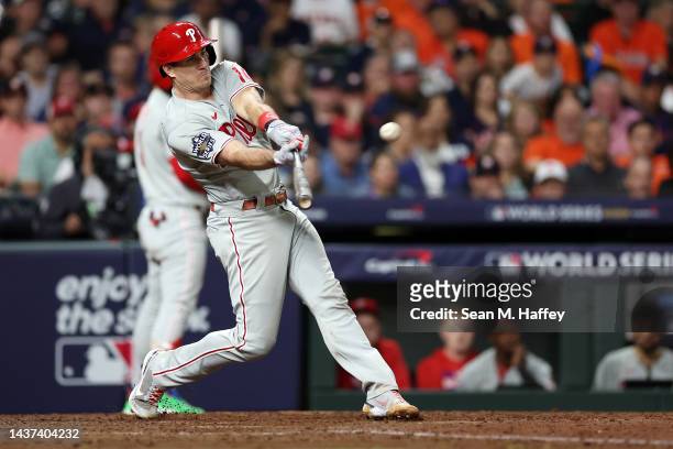 Realmuto of the Philadelphia Phillies hits a double in the fifth inning against the Houston Astros in Game One of the 2022 World Series at Minute...