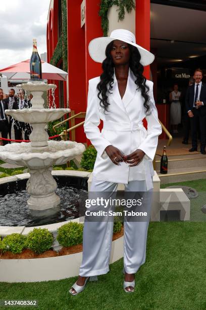 Duckie Thot attends Victoria Derby Day at Flemington Racecourse on October 29, 2022 in Melbourne, Australia.