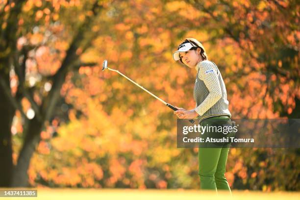 Rumi Yoshiba of Japan attempts a putt on the 5th green during the second round of the Mitsubishi Electric/Hisako Higuchi Ladies at Musashigaoka Golf...