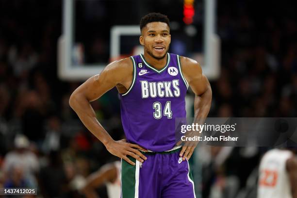 Giannis Antetokounmpo of the Milwaukee Bucks is all smiles during the second half of a game against the New York Knicks at Fiserv Forum on October...