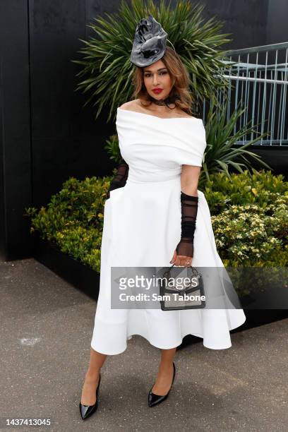 Sharon Johal attends Victoria Derby Day at Flemington Racecourse on October 29, 2022 in Melbourne, Australia.