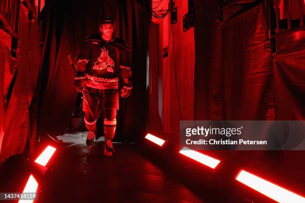 Shayne Gostisbehere of the Arizona Coyotes is introduced before the NHL game against the Winnipeg Jets at Mullett Arena on October 28, 2022 in Tempe,...