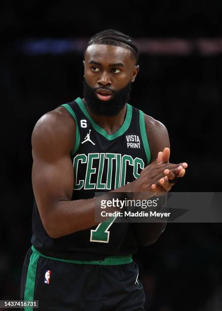 Jaylen Brown of the Boston Celtics looks on during the first half against the Cleveland Cavaliers at TD Garden on October 28, 2022 in Boston,...