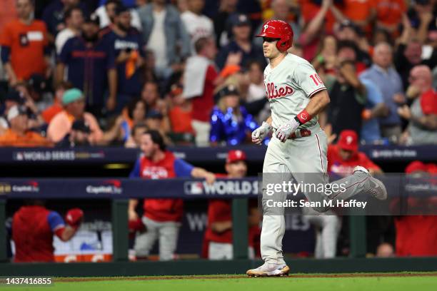 Realmuto of the Philadelphia Phillies rounds the bases after hitting a home run in the 10th inning against the Houston Astros in Game One of the 2022...