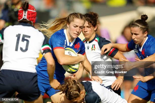 Joanna Grisez of France is tackled during Rugby World Cup 2021 Quarterfinal match between France and Italy at Northland Events Centre on October 29...