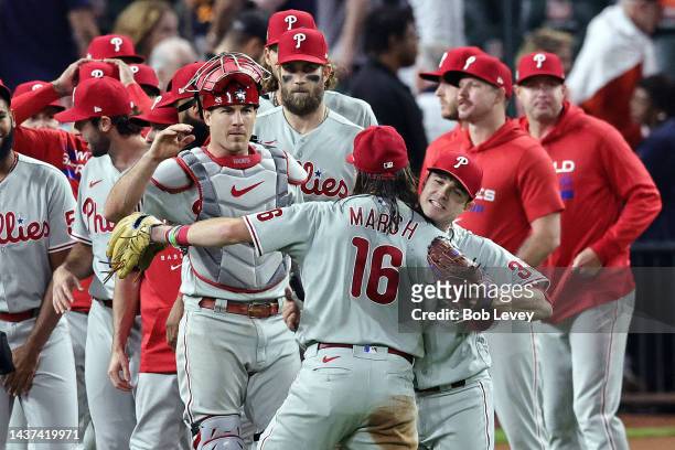 The Philadelphia Phillies celebrate after beating the Houston Astros in Game One of the 2022 World Series at Minute Maid Park on October 28, 2022 in...