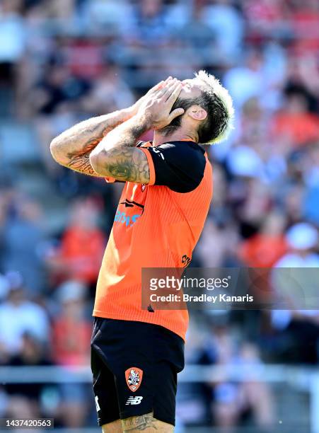 Charles Austin of the Roar reacts after a missed opportunity during the round four A-League Men's match between Brisbane Roar and Melbourne Victory...