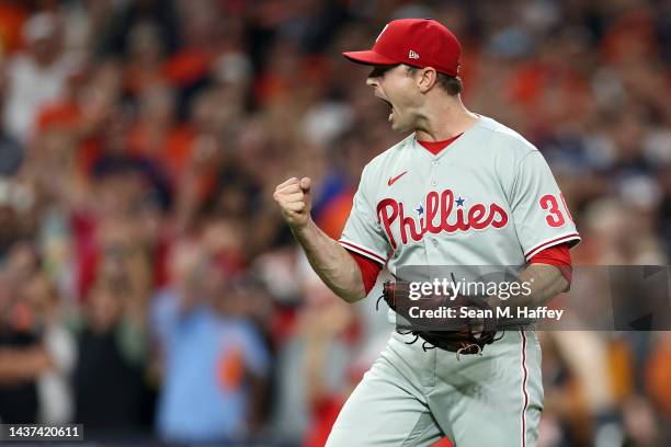 David Robertson of the Philadelphia Phillies celebrates after beating the Houston Astros 6-5 in 10 innings in Game One of the 2022 World Series at...