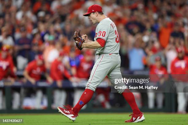 David Robertson of the Philadelphia Phillies celebrates after beating the Houston Astros 6-5 in 10 innings in Game One of the 2022 World Series at...