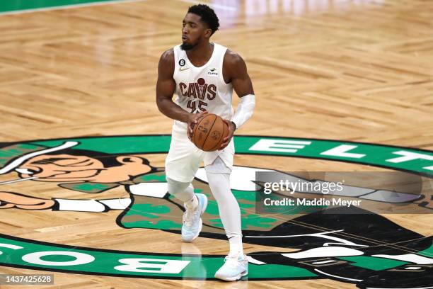 Donovan Mitchell of the Cleveland Cavaliers dribbles downcourt during the second half against the Boston Celtics at TD Garden on October 28, 2022 in...