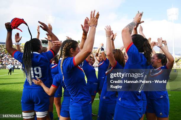 France celebrates victory during the Rugby World Cup 2021 Quarterfinal match between France and Italy at Northland Events Centre on October 29, 2022...