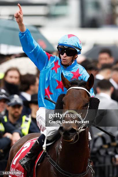 Michael Dee rides Manzoice after winning the Penfolds Victoria Derby during 2022 Penfolds Victoria Derby Day at Flemington Racecourse on October 29,...