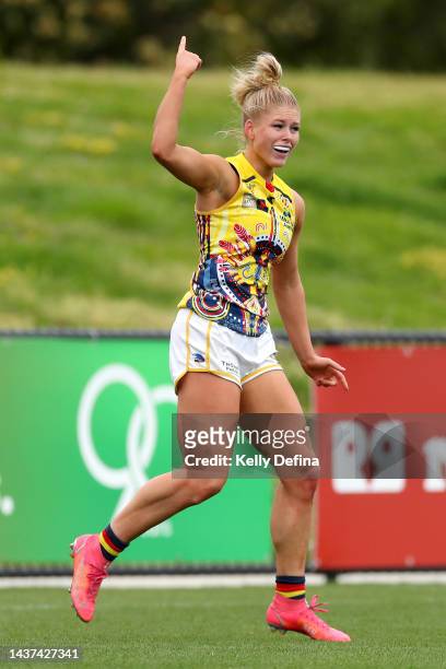 Ashleigh Woodland of the Crows celebrates kicking a goal during the round 10 AFLW match between the St Kilda Saints and the Adelaide Crows at RSEA...