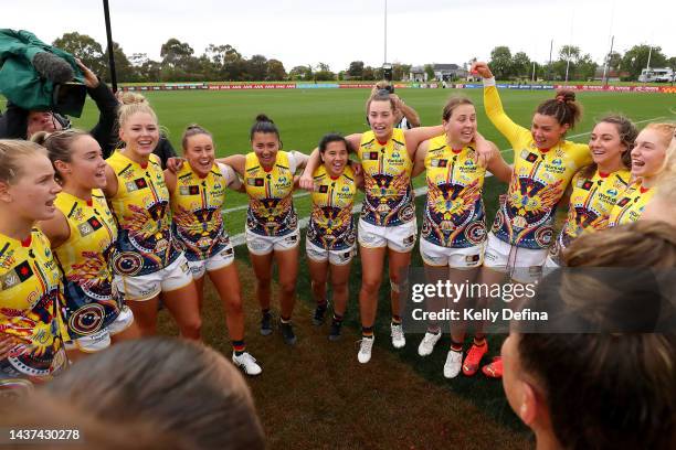 Crows players celebrate the win during the round 10 AFLW match between the St Kilda Saints and the Adelaide Crows at RSEA Park on October 29, 2022 in...