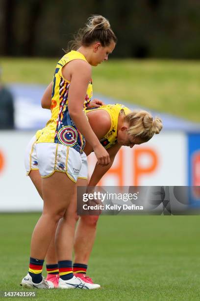 Ashleigh Woodland of the Crows is seen after a collision during the round 10 AFLW match between the St Kilda Saints and the Adelaide Crows at RSEA...