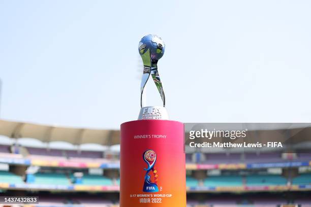 General view of the FIFA U-17 WWC trophy ahead of the FIFA U-17 Women's World Cup 2022 Final at the DY Patil Stadium on October 29, 2022 in Navi...