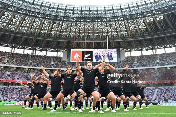 New Zealand players perform the Haka prior to the international test match between Japan and New Zealand All Blacks at National Stadium on October...