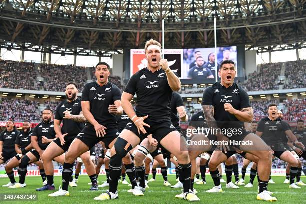 New Zealand players perform the Haka prior to the international test match between Japan and New Zealand All Blacks at National Stadium on October...