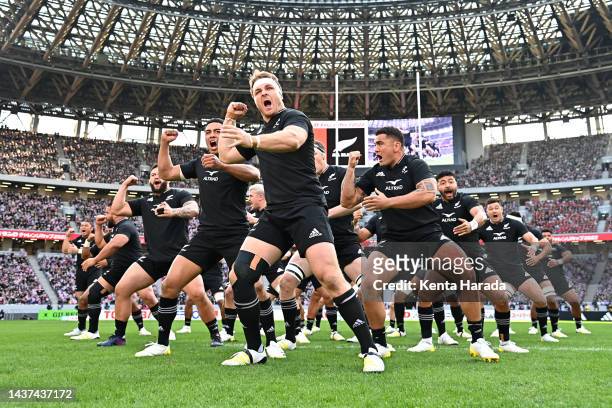 New Zealand players perform the Haka prior to the international test match between Japan and New Zealand All Blacks at National Stadium on October...