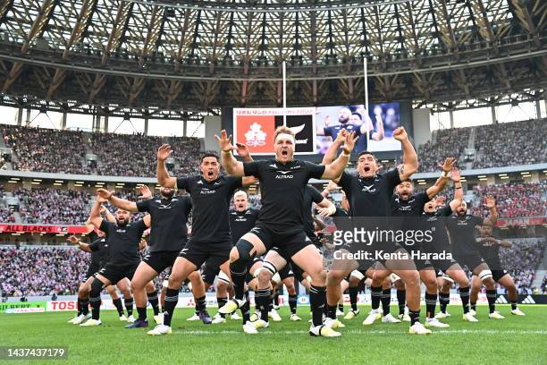 New Zealand players perform the Haka prior to the international test match between Japan and New Zealand All Blacks at National Stadium on October...