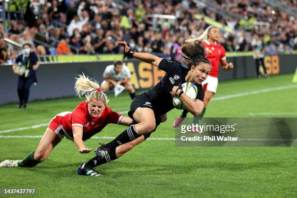 Ruby Tui of New Zealand scores a try during Rugby World Cup 2021 Quarterfinal match between New Zealand and Wales at Northland Events Centre on...