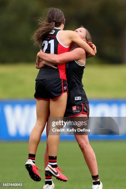 Georgia Patrikios of the Saints celebrates during the round 10 AFLW match between the St Kilda Saints and the Adelaide Crows at RSEA Park on October...