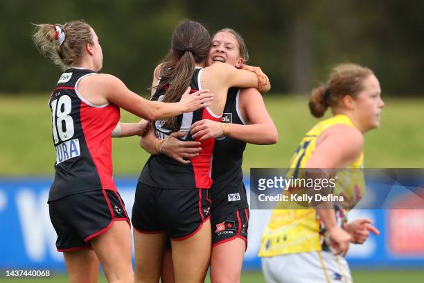 Georgia Patrikios of the Saints celebrates during the round 10 AFLW match between the St Kilda Saints and the Adelaide Crows at RSEA Park on October...