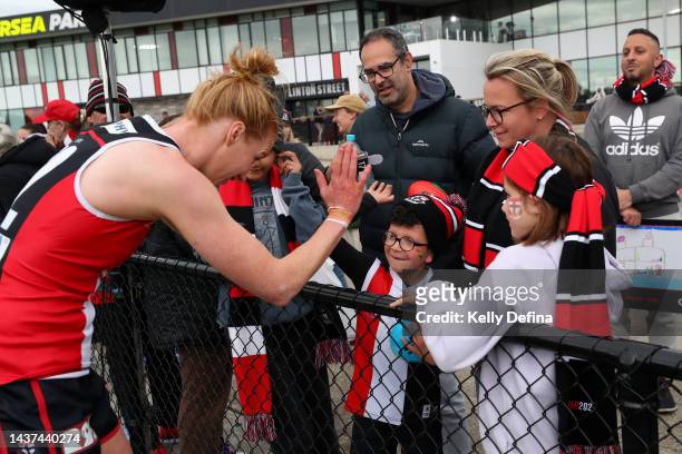 Kate Shierlaw of the Saints greets supporters during the round 10 AFLW match between the St Kilda Saints and the Adelaide Crows at RSEA Park on...