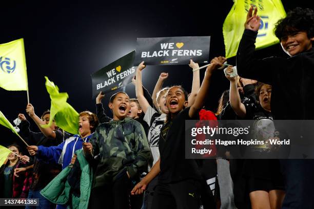 Spectators show their support during the Rugby World Cup 2021 Quarterfinal match between New Zealand and Wales at Northland Events Centre on October...