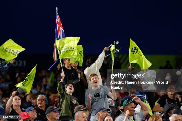 Spectators show their support during the Rugby World Cup 2021 Quarterfinal match between New Zealand and Wales at Northland Events Centre on October...