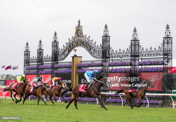 Michael Dee riding Manzoice defeats James McDonald riding Sharp'n'Smart in Race 7, the Penfolds Victoria Derby, during 2022 Penfolds Victoria Derby...