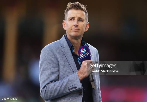 Television commentator Mark Howard watches on as he waits to speak on camera before the ICC Men's T20 World Cup match between New Zealand and Sri...