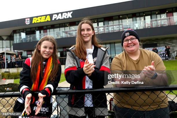 Fans show supprot during the round 10 AFLW match between the St Kilda Saints and the Adelaide Crows at RSEA Park on October 29, 2022 in Melbourne,...