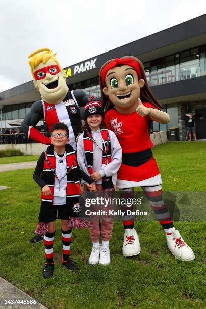 Fans show supprot during the round 10 AFLW match between the St Kilda Saints and the Adelaide Crows at RSEA Park on October 29, 2022 in Melbourne,...