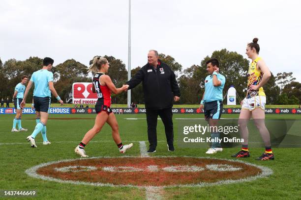 The coin toss is seen during the round 10 AFLW match between the St Kilda Saints and the Adelaide Crows at RSEA Park on October 29, 2022 in...