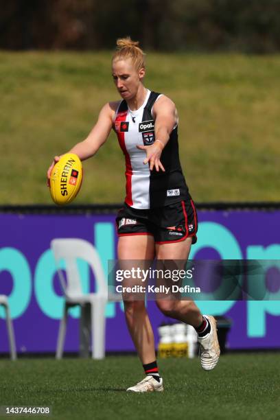 Kate Shierlaw of the Saints kicks the ball during the round 10 AFLW match between the St Kilda Saints and the Adelaide Crows at RSEA Park on October...