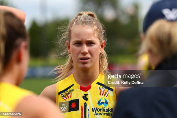 Teah Charlton of the Crows looks on during the round 10 AFLW match between the St Kilda Saints and the Adelaide Crows at RSEA Park on October 29,...