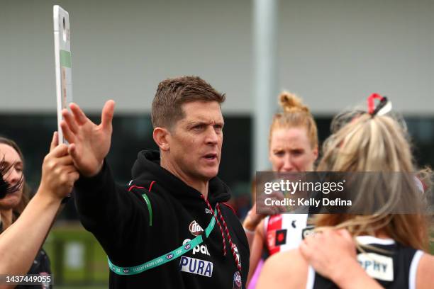 Nick Dal Santo, Senior Coach of the Saints during the round 10 AFLW match between the St Kilda Saints and the Adelaide Crows at RSEA Park on October...