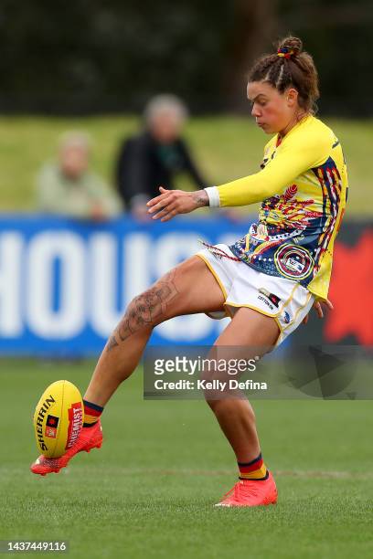 Anne Hatchard of the Crows kicks the ball during the round 10 AFLW match between the St Kilda Saints and the Adelaide Crows at RSEA Park on October...