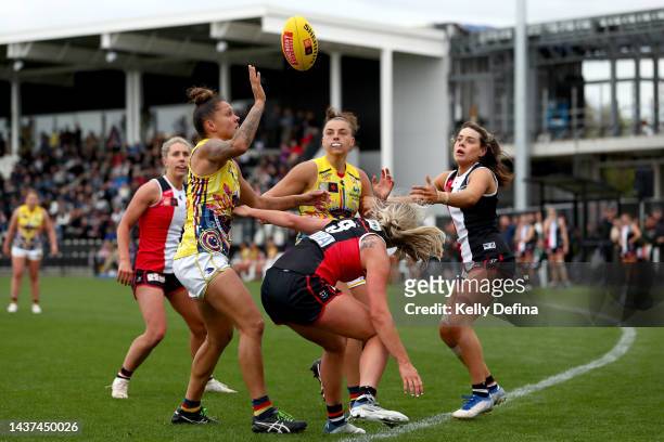 Stevie-Lee Thompson of the Crows competes for the ball during the round 10 AFLW match between the St Kilda Saints and the Adelaide Crows at RSEA Park...